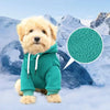 Un perro dorado y peludo vistiendo una sudadera de forro polar verde azulado en un paisaje montañoso nevado.