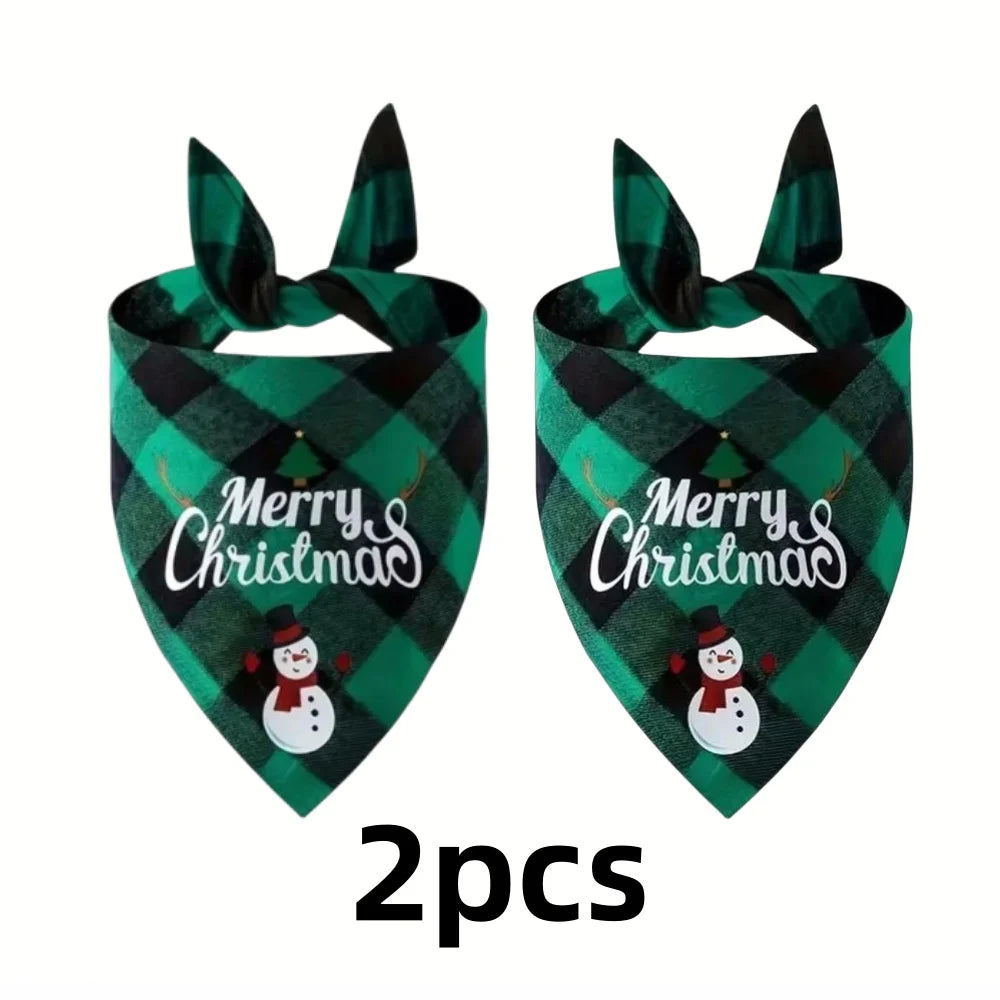 Two green plaid Christmas triangle pet scarves or bandanas for dogs
