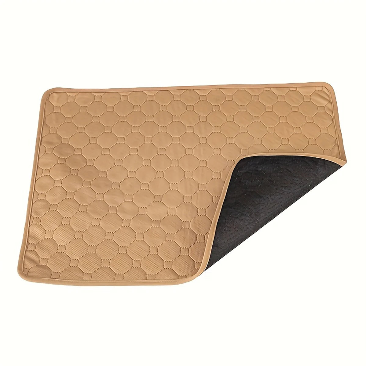 A tan, hexagonal reusable dog pee pad with a dark gray absorbent liner.