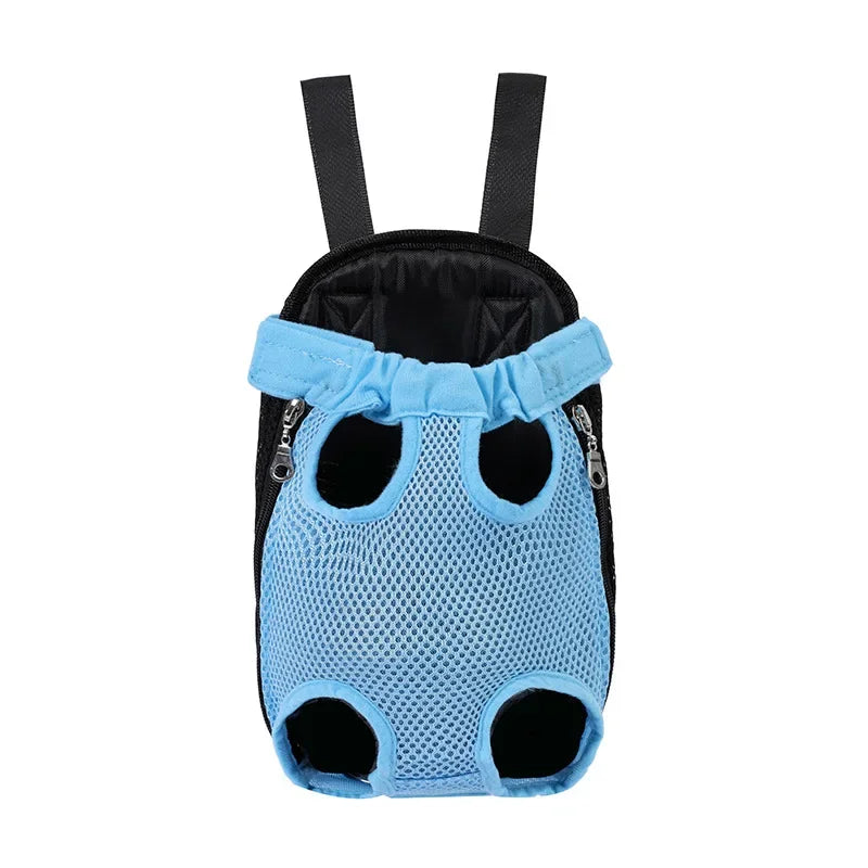 Light blue mesh carrier backpack with black straps and zippers for cats and dogs