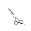 A pair of professional stainless steel pet grooming scissors with a fine comb visible.
