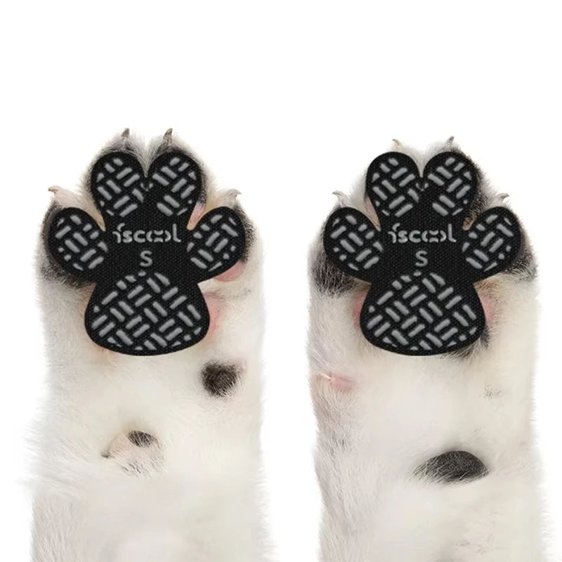 A pair of black anti-slip paw grips with a textured pattern are shown on a white dog paw.