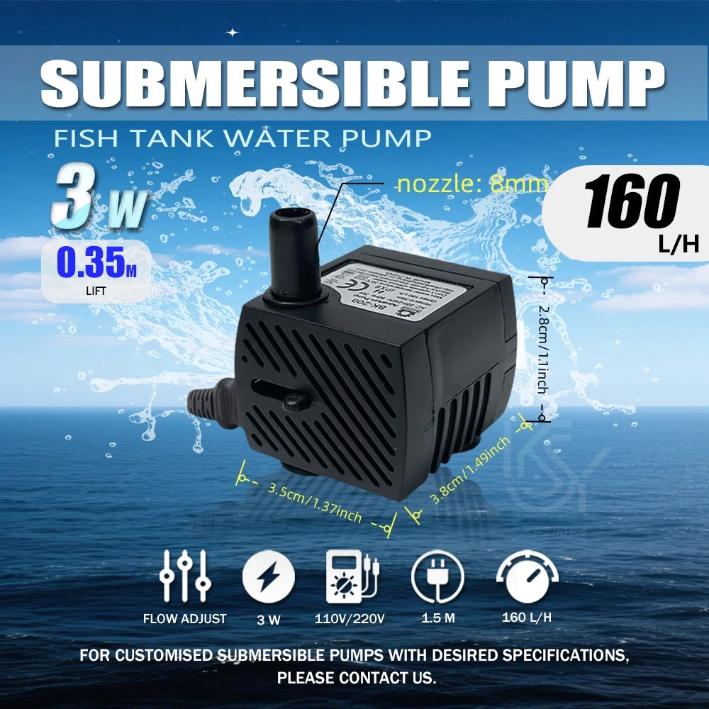 A black submersible pump for a fish tank water pump is shown with specifications and flow rate details.