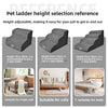 A reference guide showing adjustable pet ladder heights for use with a 2-step, 3-step, and 4-step ladder.