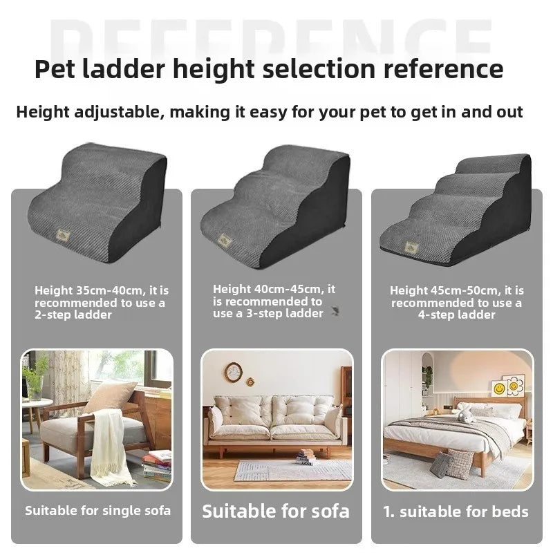 A reference guide showing adjustable pet ladder heights for use with a 2-step, 3-step, and 4-step ladder.