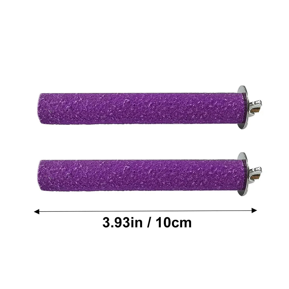 A purple, cylindrical wooden perch stand for parrots and birds, measuring 3.93 inches long.