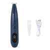 A blue pet electric groomer trimmer with a white cord and plastic attachments.