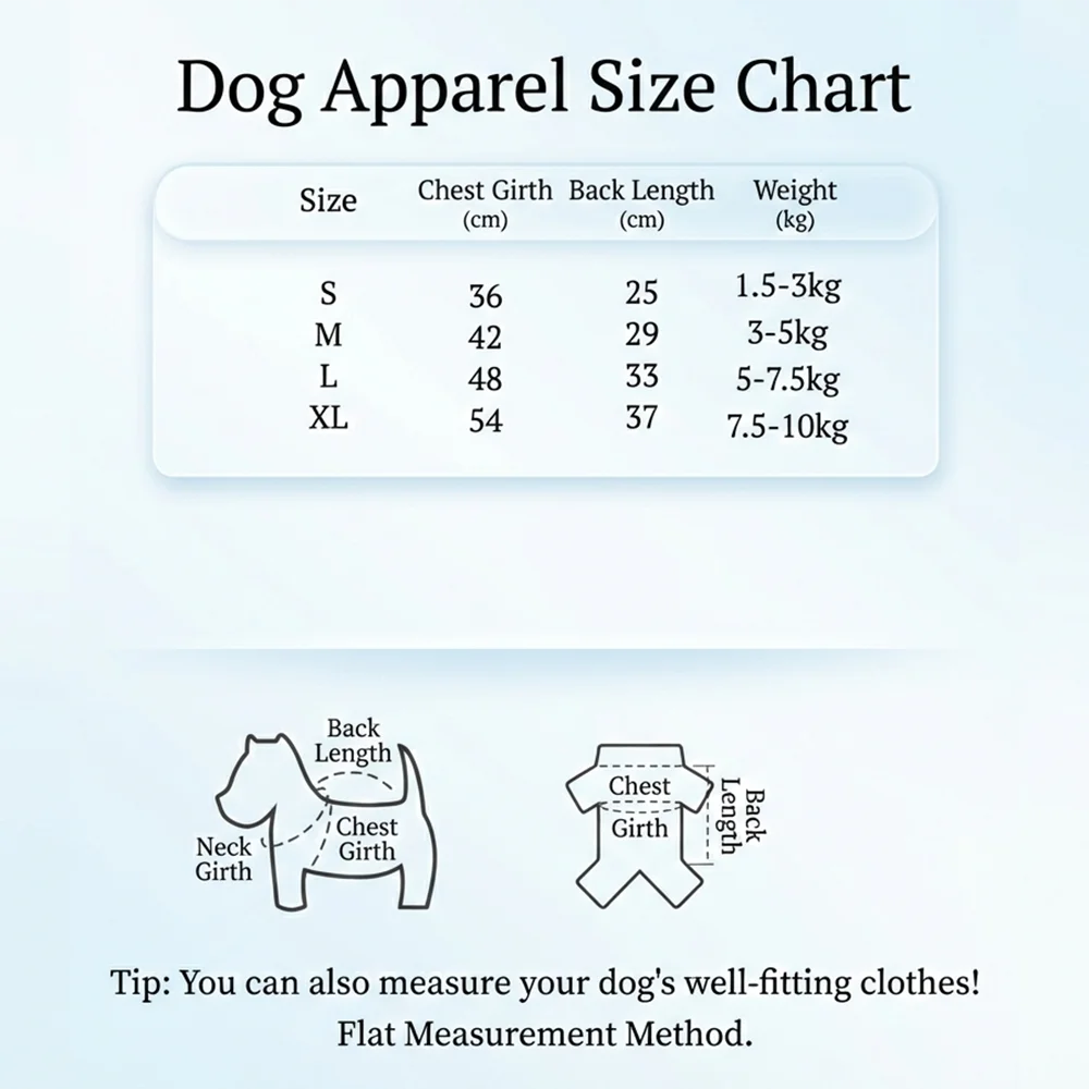 A size chart for dog apparel showing measurements like chest girth, back length, and weight for small breeds.