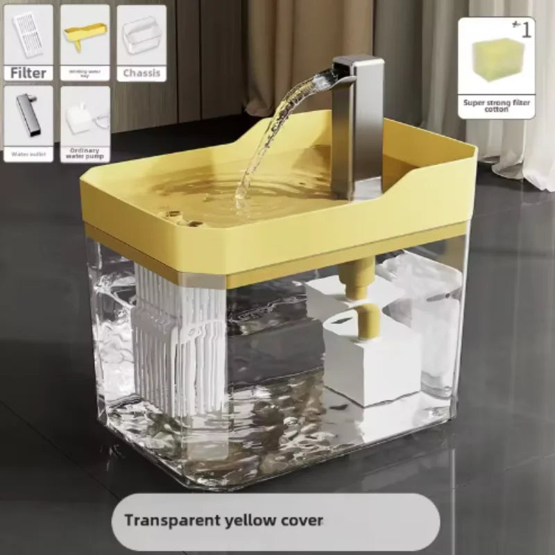 A yellow cat water fountain with a clear cover and filter components displayed on a dark surface.