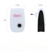 A white ultrasonic pest repellent device shown from the side and front, with dimensions provided.
