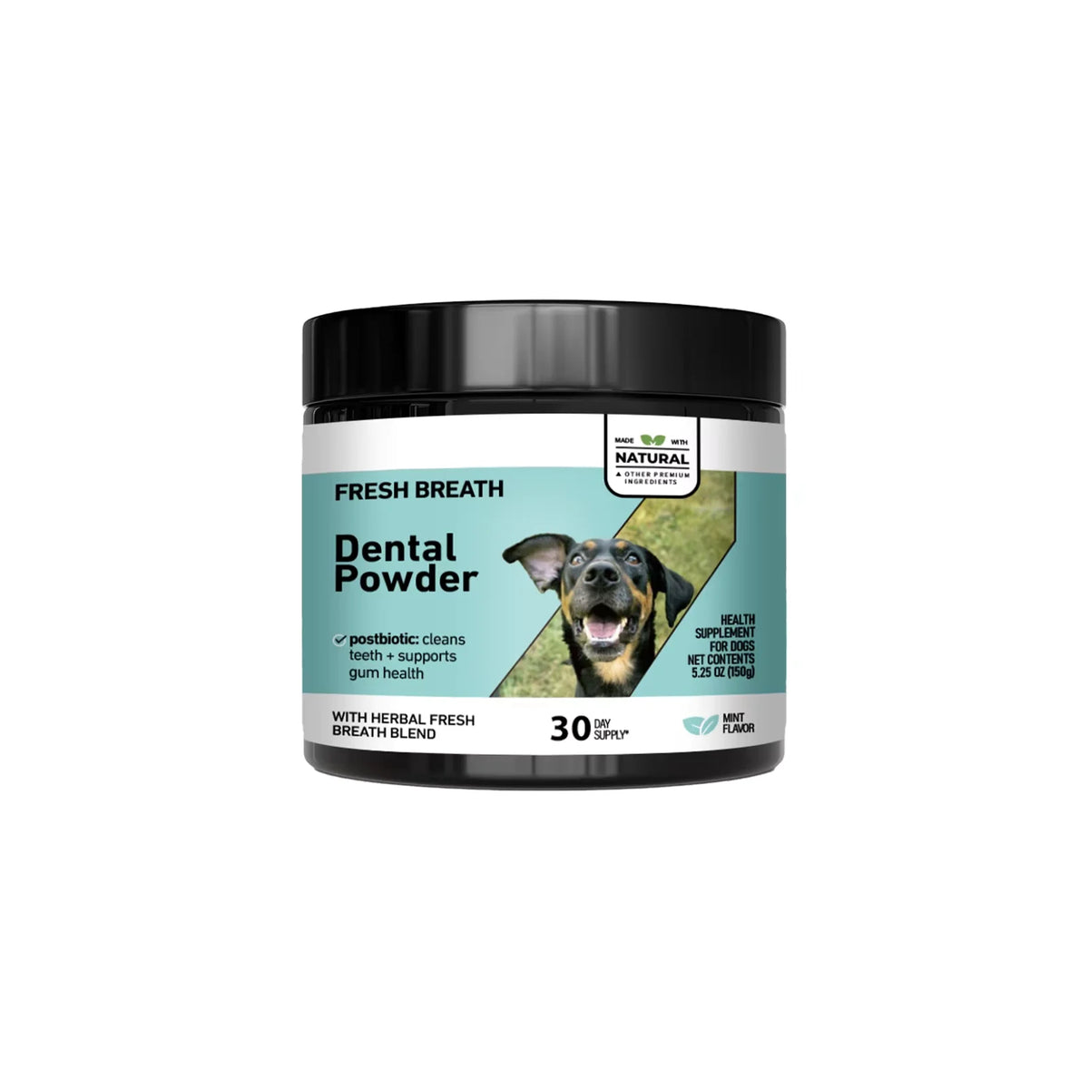 Jar of Fresh Breath Dental Powder for dogs and cats with a black lid