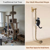 A traditional cat tree and a wall-mounted rope scratching post for cats.