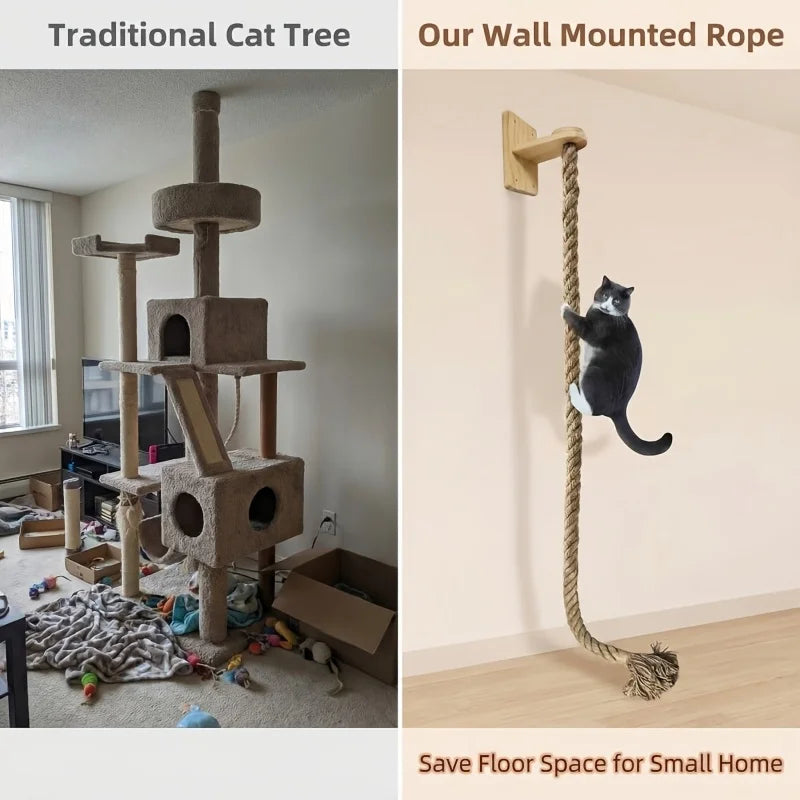 A traditional cat tree and a wall-mounted rope scratching post for cats.