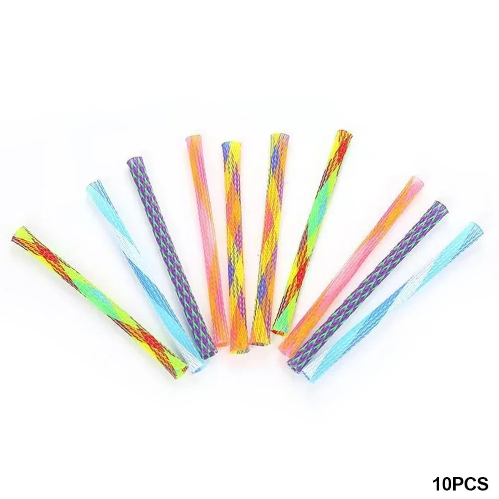 A collection of ten colorful bouncy spring toys for cats in various bright colors.