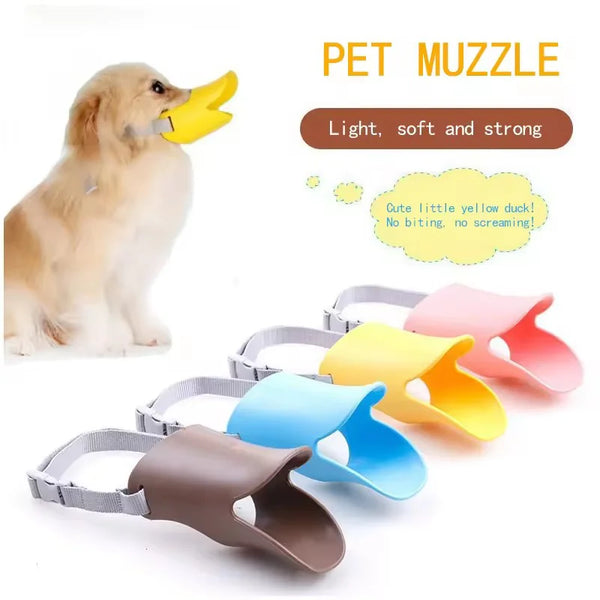 A yellow silicone pet muzzle is shown next to a golden dog, with several colored silicone muzzles displayed.