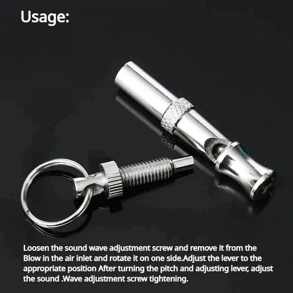 Stainless steel dog training whistle flute with a metal loop and adjustment screw.