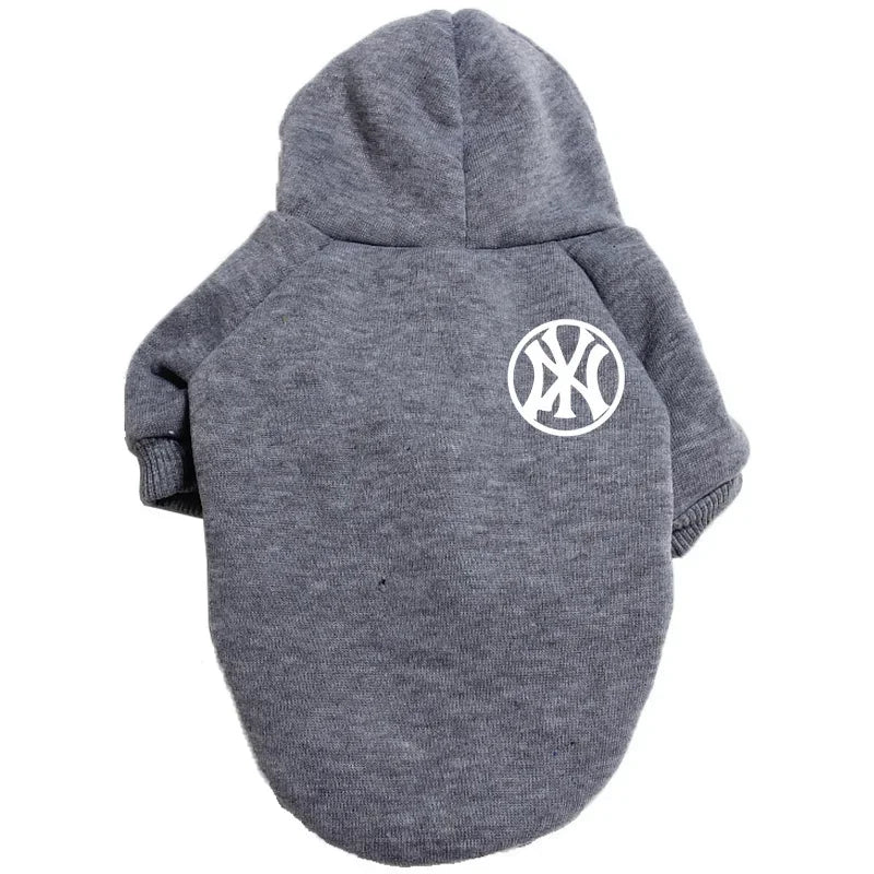 A gray cozy fleece dog hoodie featuring a New York Yankees logo on the chest.