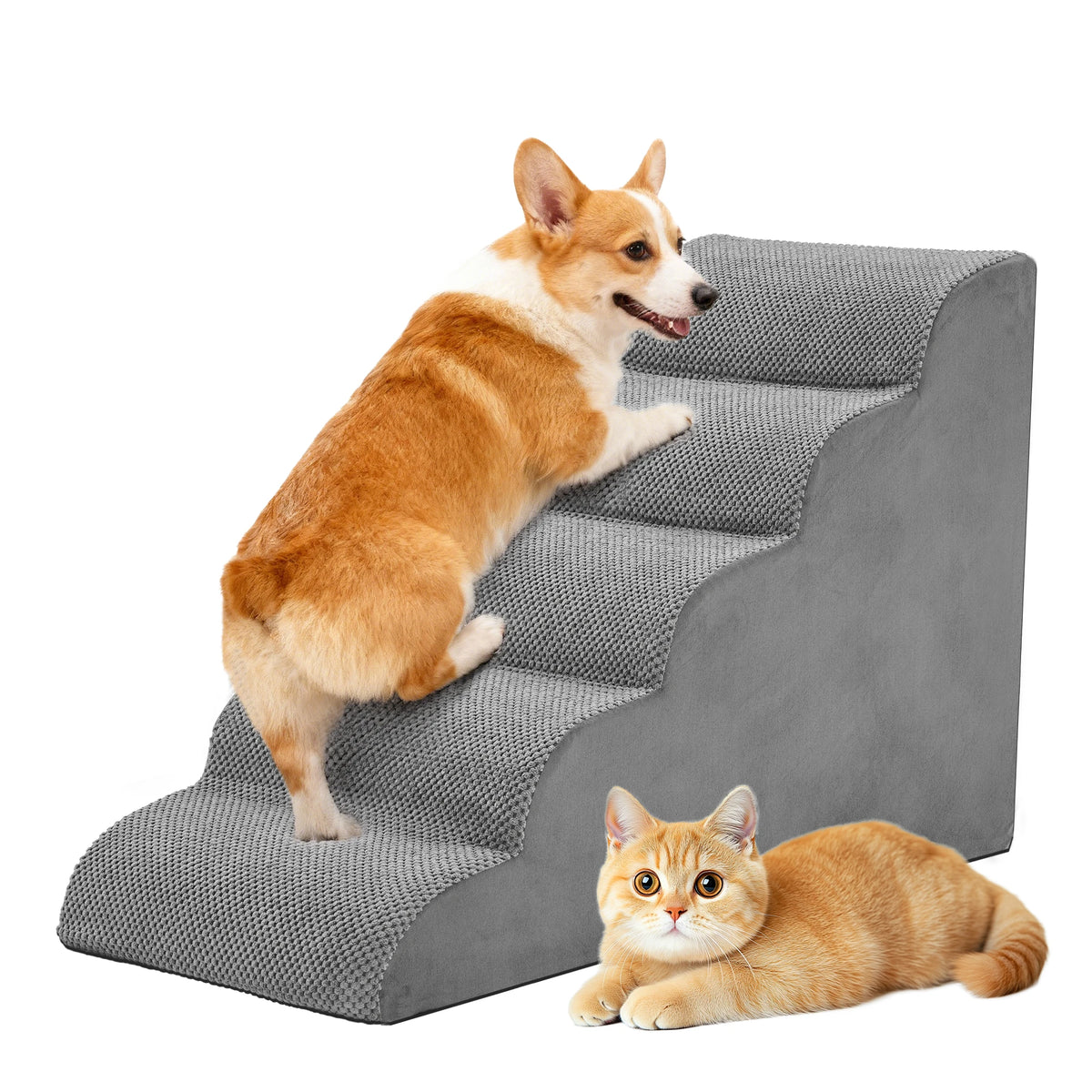 An orange and white dog is stepping onto a gray foam pet stairs ramp.