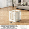White heavy duty pet fence cage with suction cups and a door shown on a wooden floor.