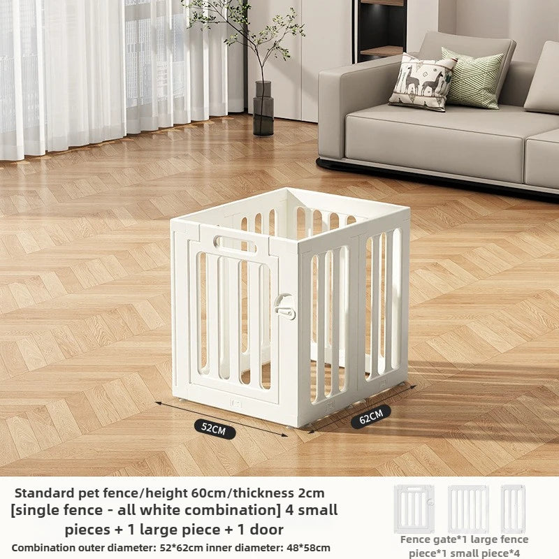 White heavy duty pet fence cage with suction cups and a door shown on a wooden floor.