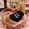 A fluffy orange cat wearing a black pet vest with 'I love my mommy' written on it, sitting in a pink heart-shaped box.
