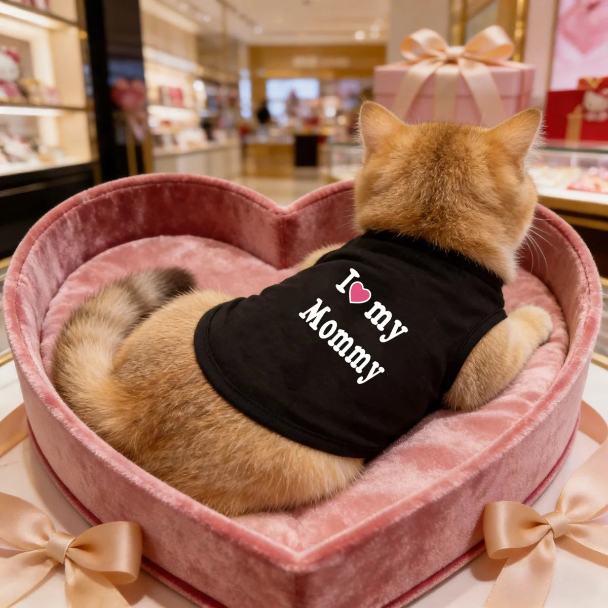 A fluffy orange cat wearing a black pet vest with 'I love my mommy' written on it, sitting in a pink heart-shaped box.