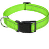 A bright lime green nylon dog collar with a black buckle.