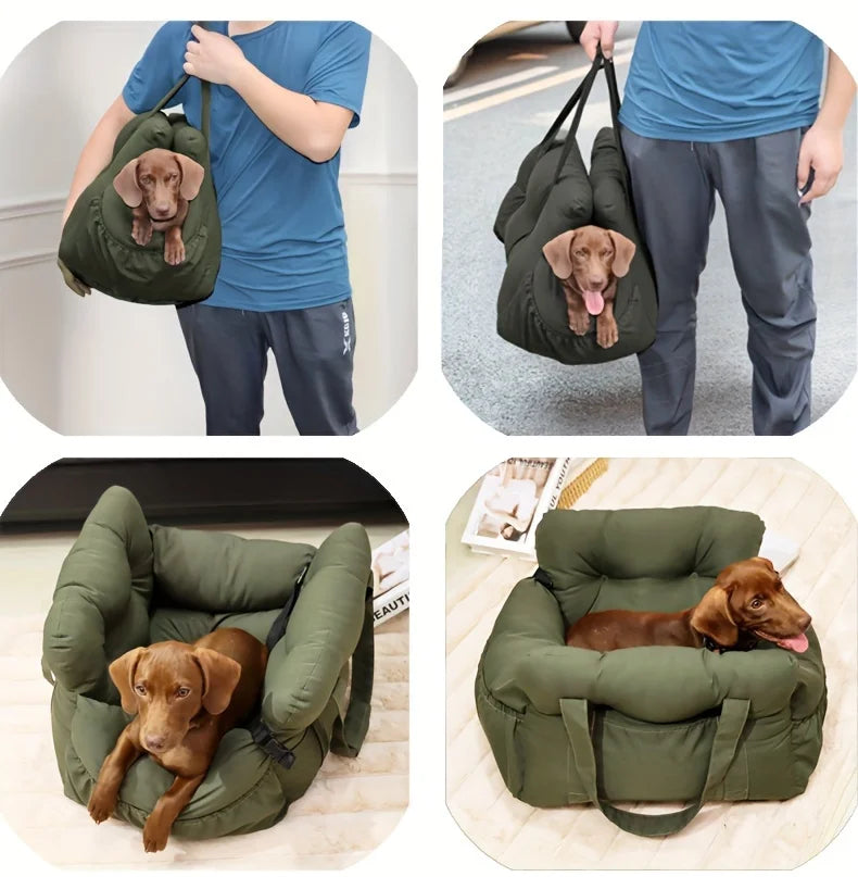 A brown dog is resting inside a green durable pet car seat with safety straps.