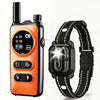 An orange remote training e-collar for dogs and its accompanying black adjustable strap.