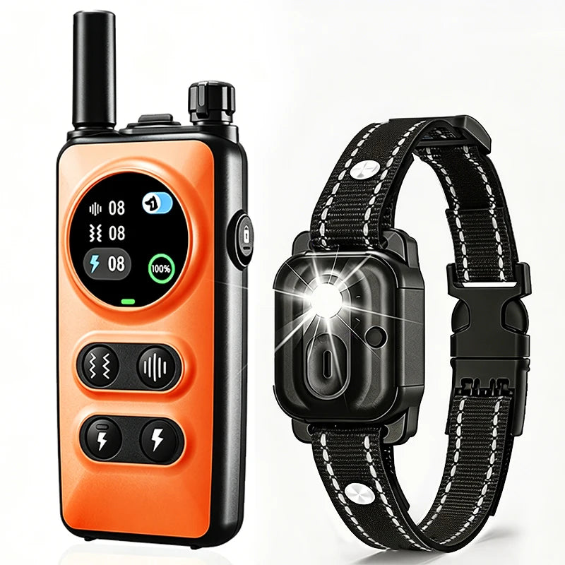An orange remote training e-collar for dogs and its accompanying black adjustable strap.