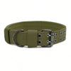 Olive green tactical nylon dog collar with a silver metal buckle for medium and large breeds