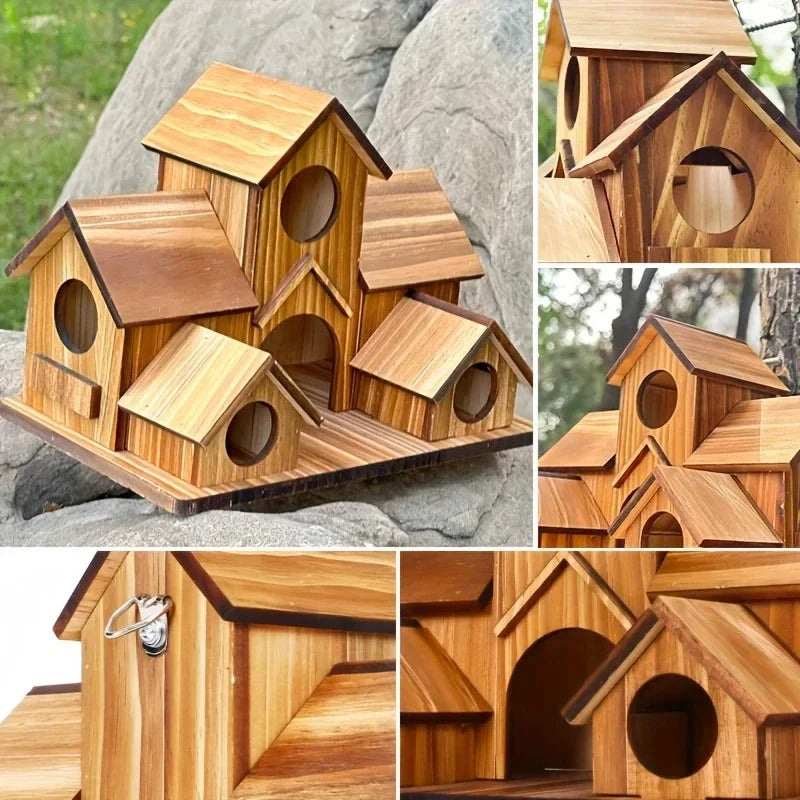 Handmade wooden bird house structure made of natural wood planks and shingles