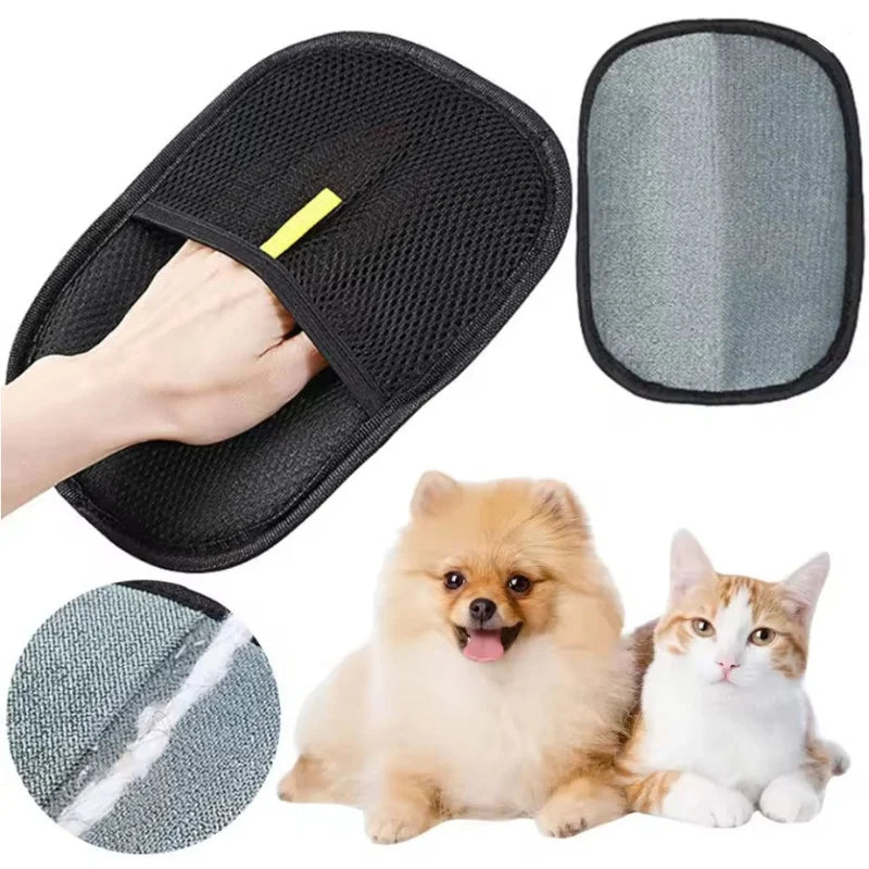 A hand is shown using a pet hair removal glove on a dog, with a fluffy dog and a cat visible in the background.