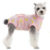 Un petit chien duveteux portant une combinaison de récupération rose avec des motifs jaunes.