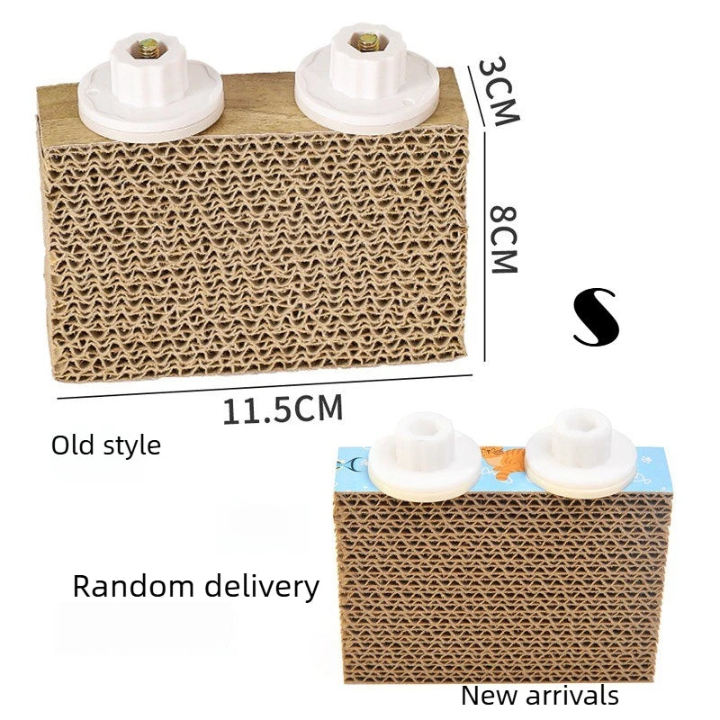 A wooden corrugated bird perch stand with two white perches shown next to a box labeled Old style and New arrivals.