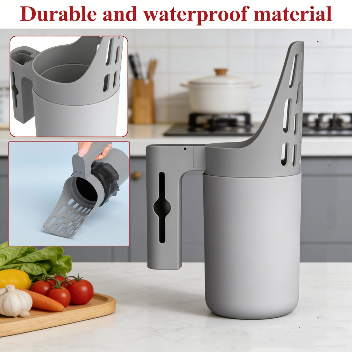 A gray durable and waterproof 2-in-1 cat litter scoop and sifter tool shown next to fresh produce.