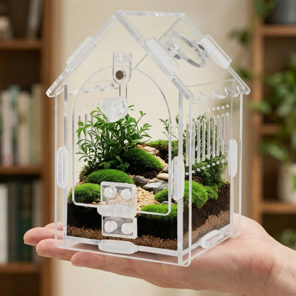 A clear plastic terrarium shaped like a house containing moss and small plants is held in a hand.