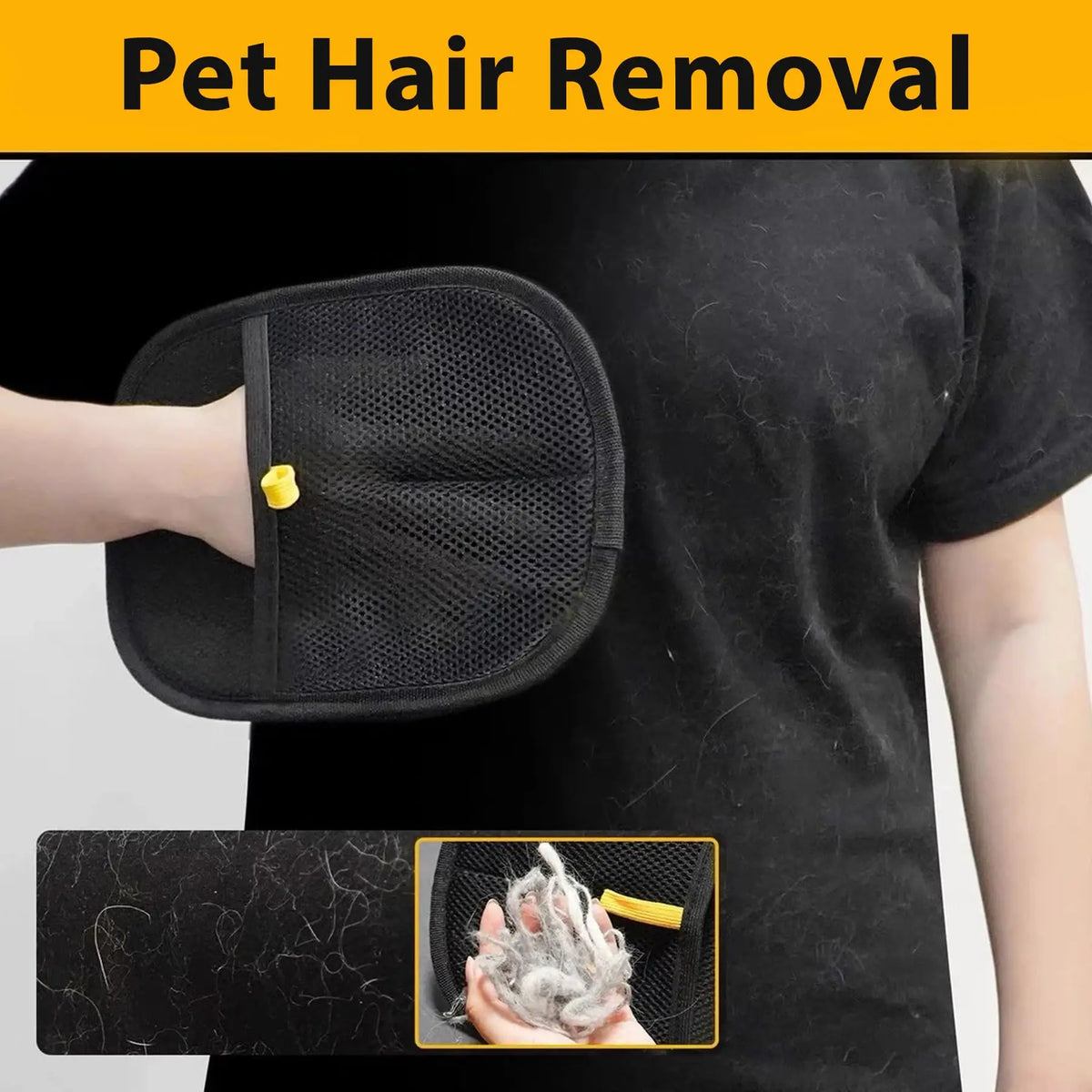 A hand is using a black reusable electrostatic pet hair removal glove to clean pet hair.