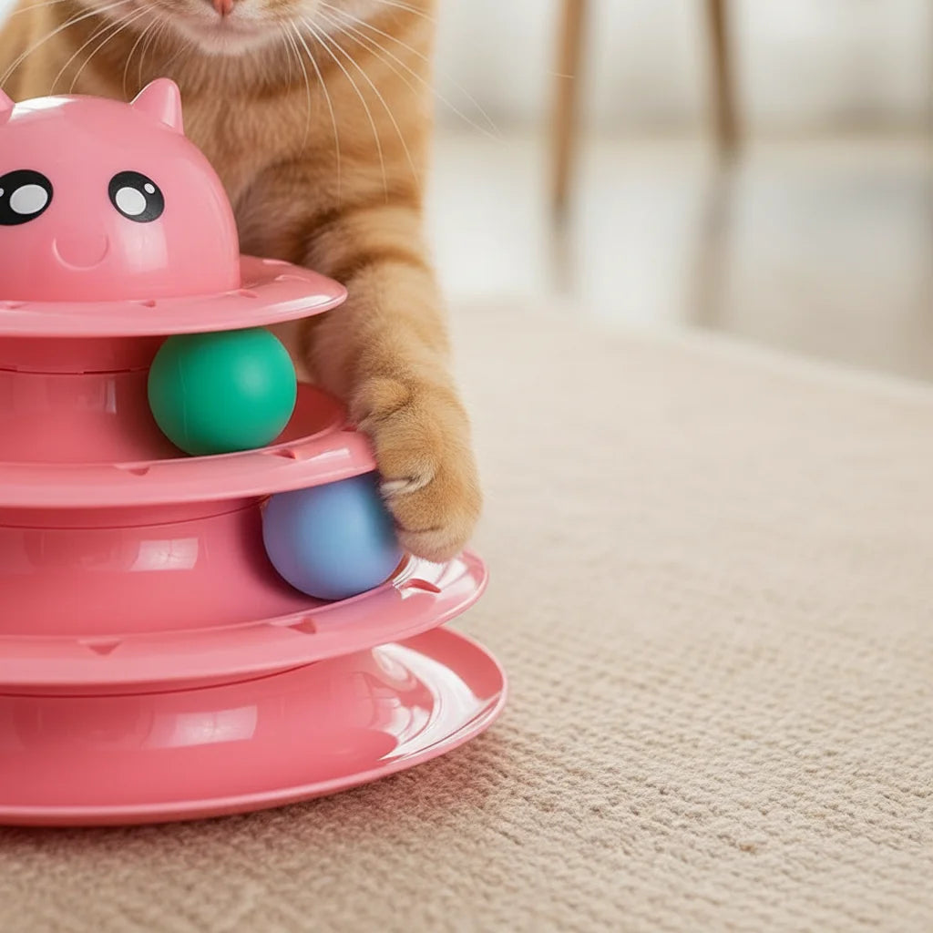A tabby cat is interacting with a pink 3-layer cat turntable toy featuring colorful balls.