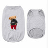 A gray printed pet vest for a dog or cat, featuring a brown fluffy toy head.
