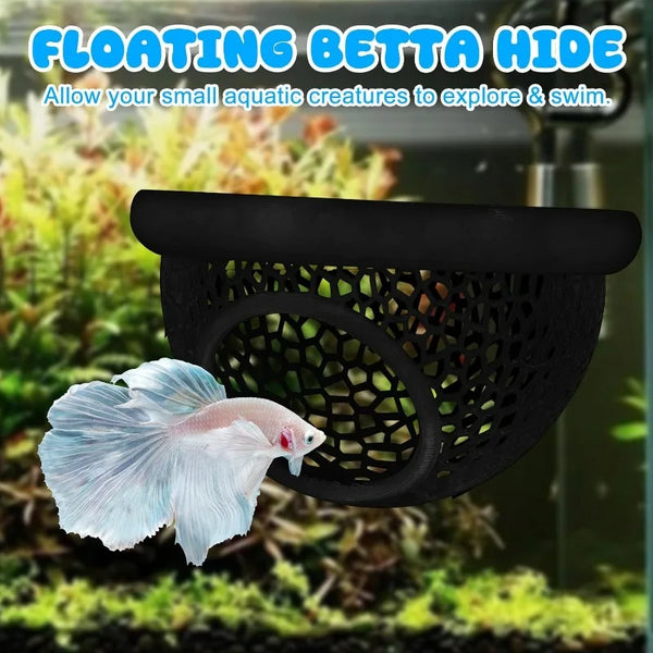 A floating betta hide made of black mesh allowing small aquatic creatures to explore and swim.