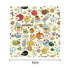 A colorful pattern featuring cute animal characters, fruits, and various symbols like hearts and clouds.