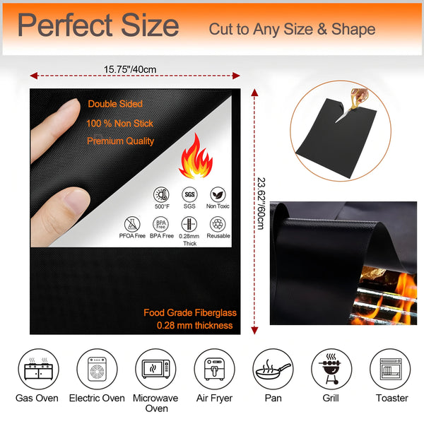 Black reusable non-stick oven and grill liners with various cooking shapes