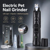 A black electric pet nail grinder with a light, showing accessories and usage details.