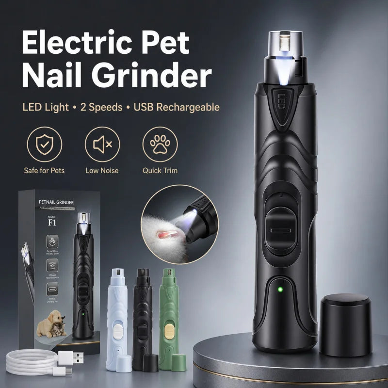 A black electric pet nail grinder with a light, showing accessories and usage details.