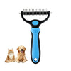 A blue undercoat rake dematting comb tool for dogs and cats shown next to a cat and a dog.