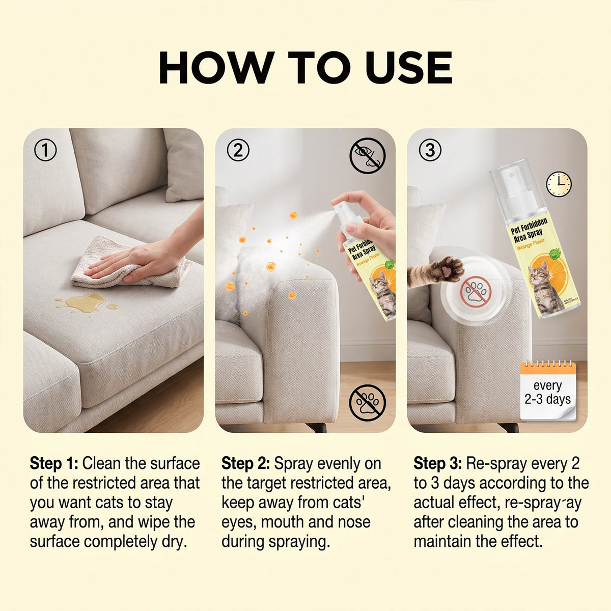 Instructions showing how to use a cat deterrent spray for furniture, including cleaning and re-spraying steps.