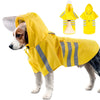 Hund in gelbem wasserdichtem reflektierendem Regenmantel mit Kapuze, neben separaten Regenmanteldesigns.
