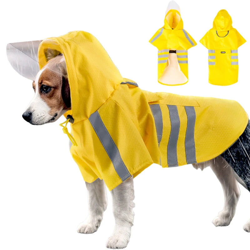Hund in gelbem wasserdichtem reflektierendem Regenmantel mit Kapuze, neben separaten Regenmanteldesigns.