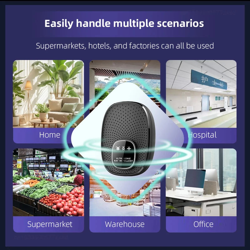 A black ultrasonic rodent repeller device shown in various commercial and residential settings including a home, hospital, su